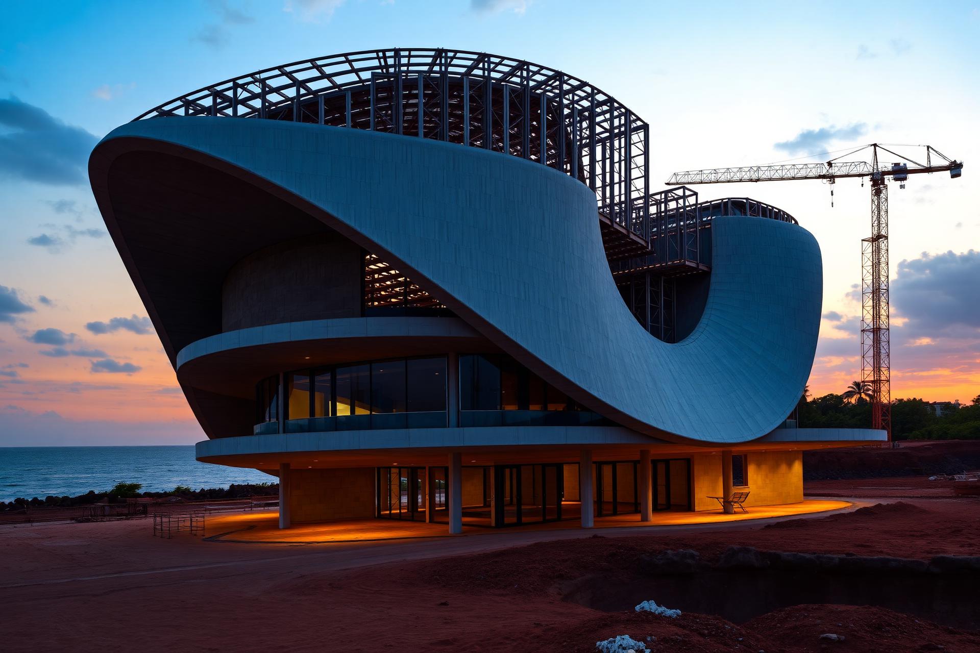 Sculptural modern building under construction at sunset